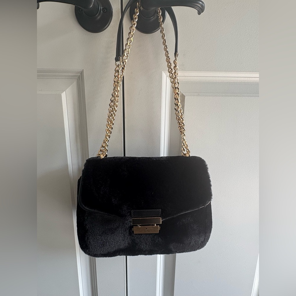 ♠️Kate Spade Carey Faux Fur Small Flap Shoulder Bag, Black NWT